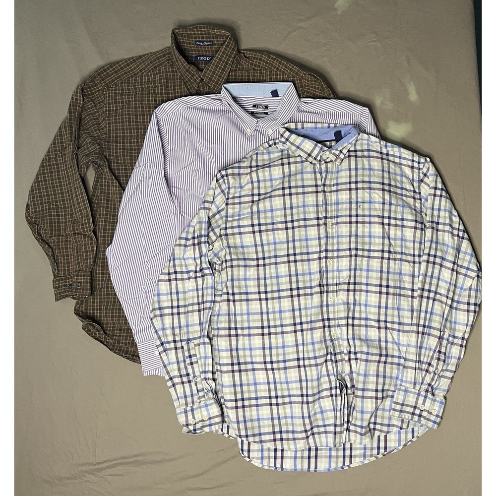 Izod Oxford Dress Shirts Men's SZ XL Plaid Stripes Long Sleeve Button Up Lot X3